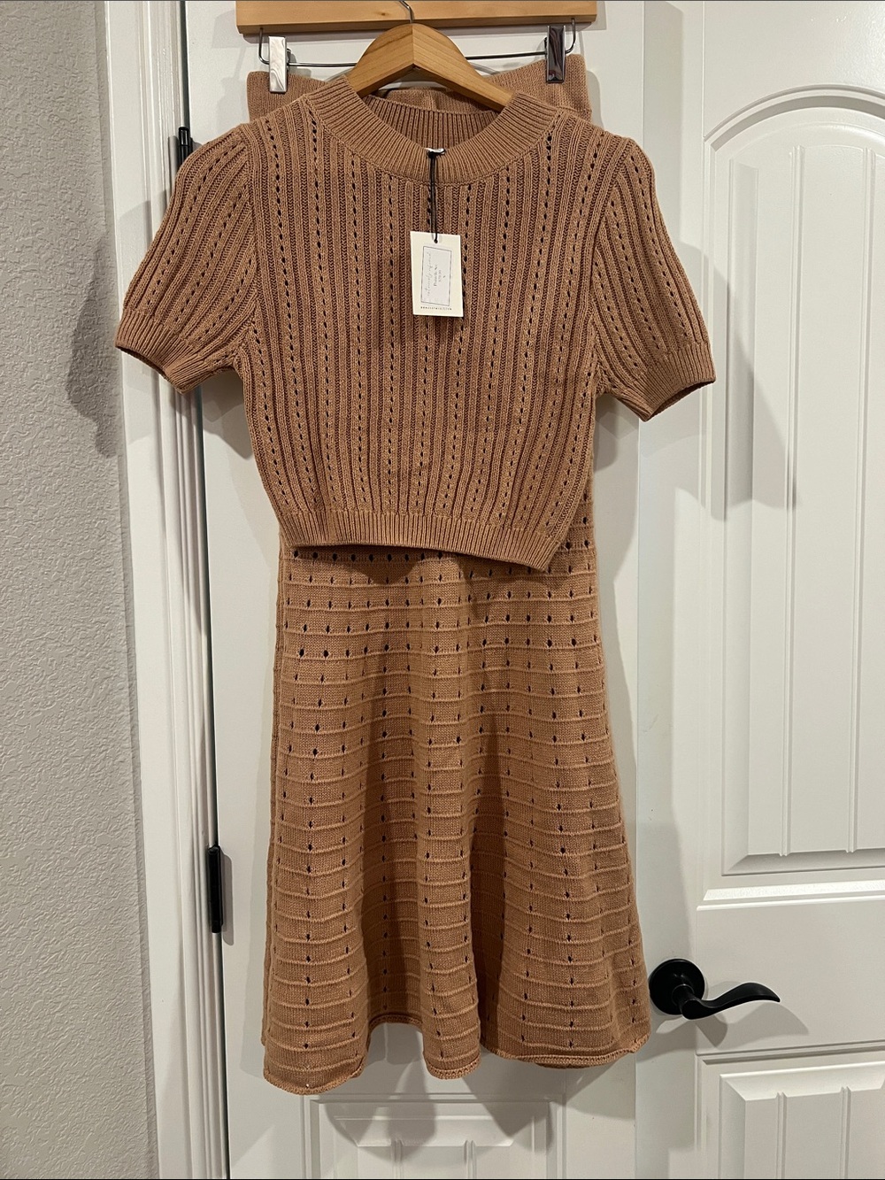 Mable Camel Openwork Knit Skirt & Top Set